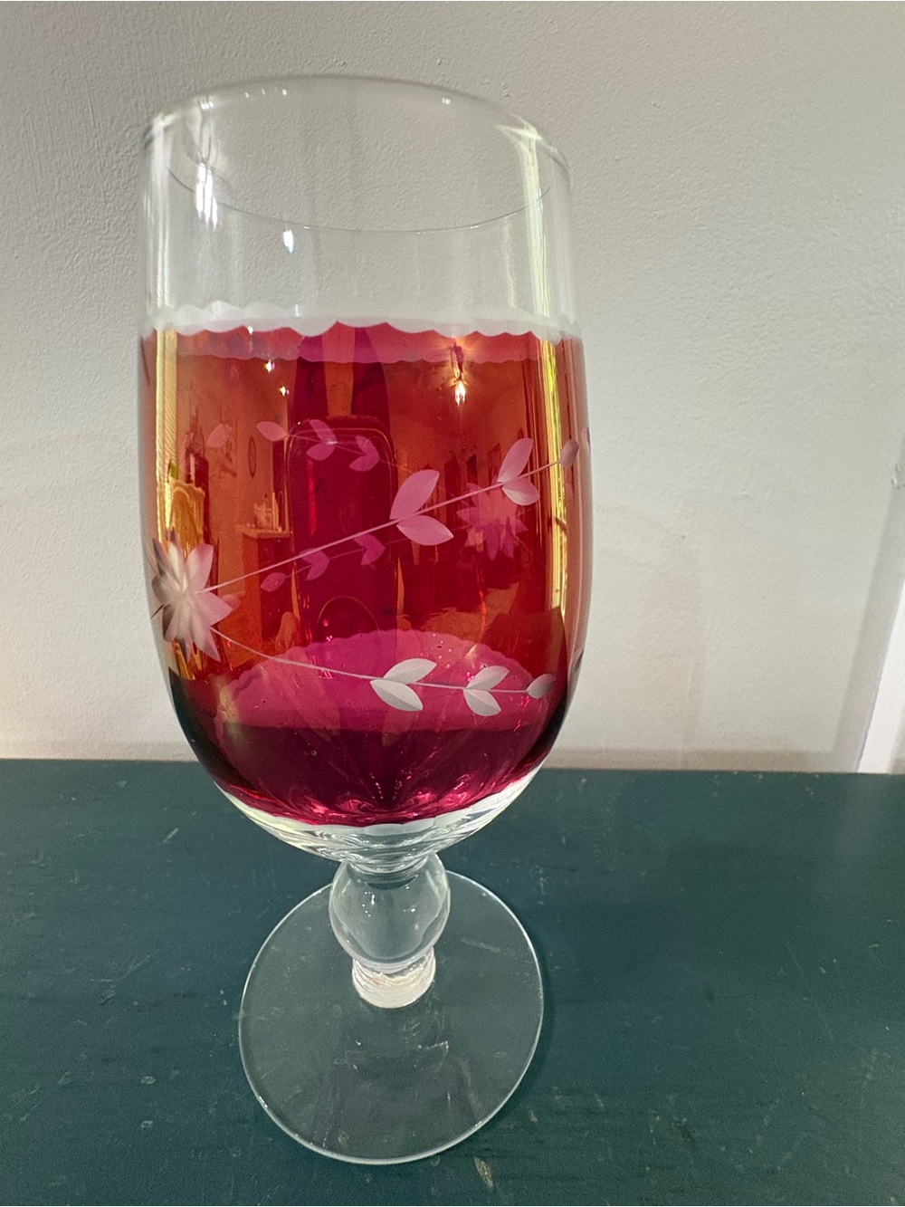 Source Unknown Pink Etched Glass Goblet with Floral Motif